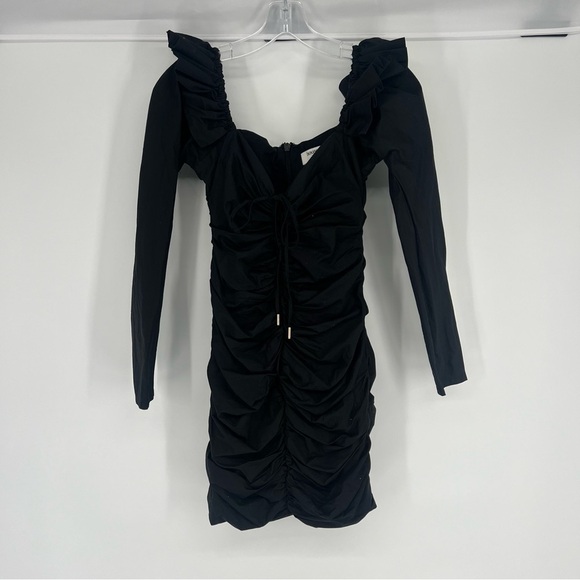 House of CB Floriana Black Ruched Ruffle Tie Front Formal Mini Dress Small - Picture 2 of 8